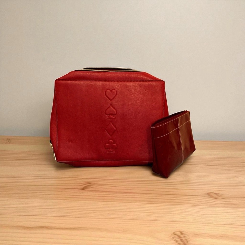 Estee Lauder Red Makeup Cosmetic Bag Train Case Faux Leather w/ Small Red Bag